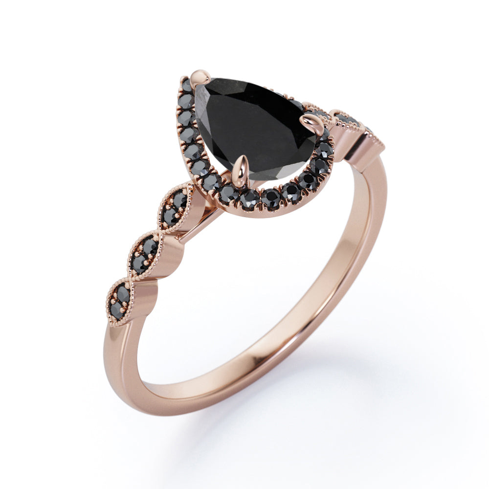 Art-Deco Filigree Milgrain 1.4 TCW Pear Cut Lab Created Black Diamond Halo Design Engagement Ring in White Gold