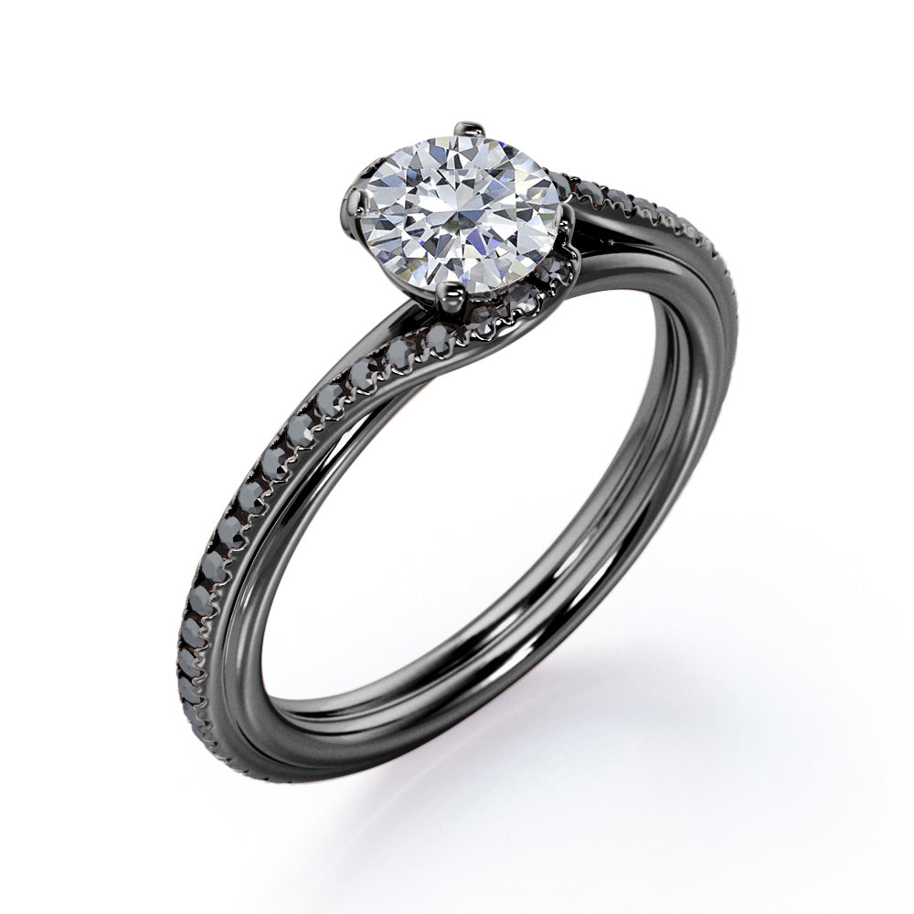 Overlay Double Banded - 1.25 TCW Round Cut Moissanite with Lab Created Black Diamond - Tension Pave Engagement Ring in White Gold