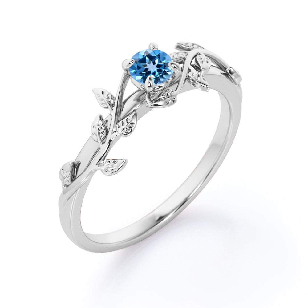 0.50 Carat Round Light Blue Topaz - Leafy Design - Solitaire Engagement Ring - 18K White Gold Plating over Silver