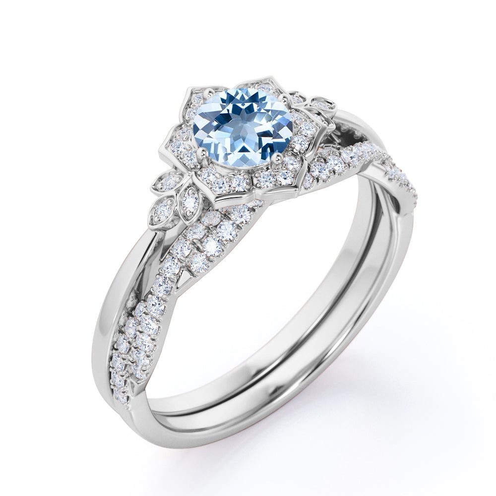 1.45 Carat Round Cut Aquamarine And Diamond Floral Inspired Wedding Ring Set In White Gold