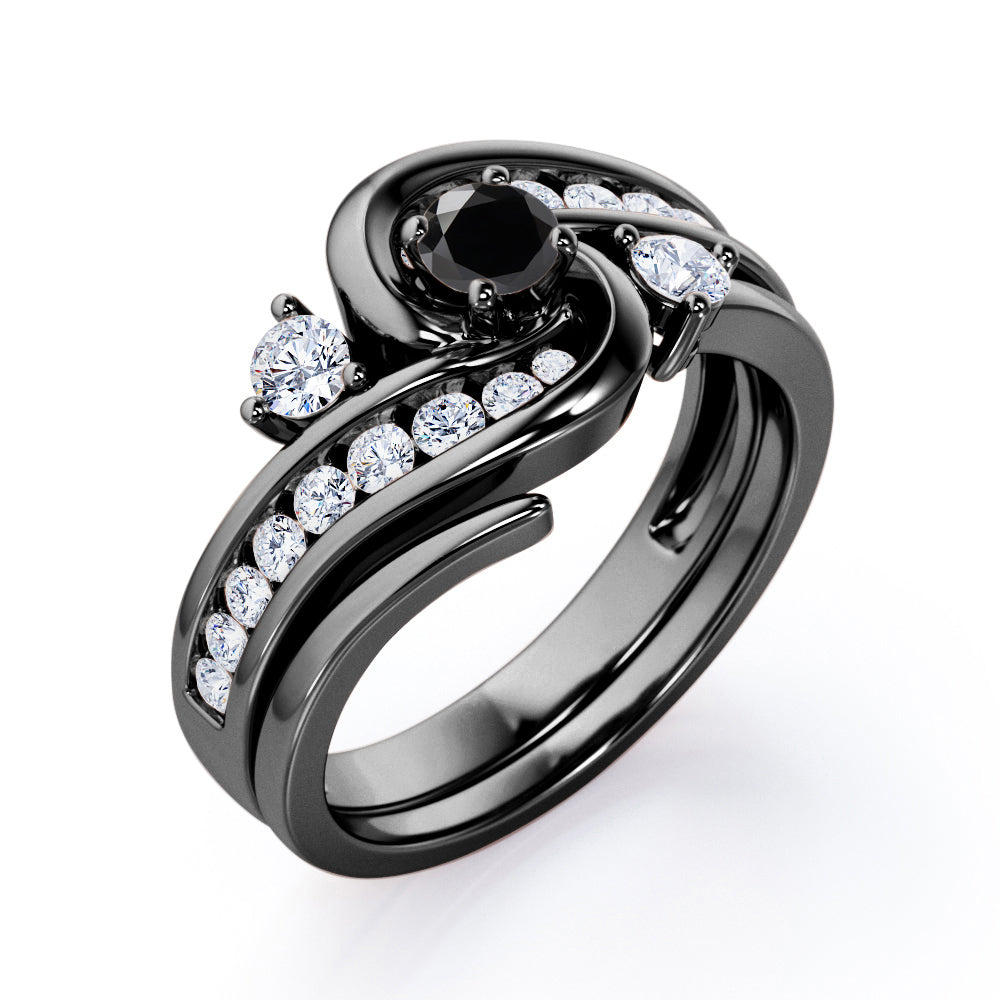 Twisted Tension - Prong 1 TCW Round Brilliant Cut Black Diamond - Flush Channel Wedding Set in White Gold