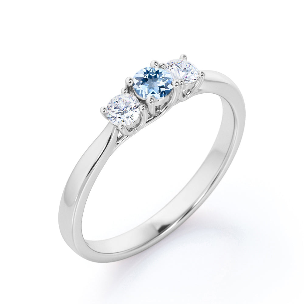 Past, Present, Future 1 Carat Round Cut Aquamarine And Diamond Three Stone Engagement Ring In White Gold