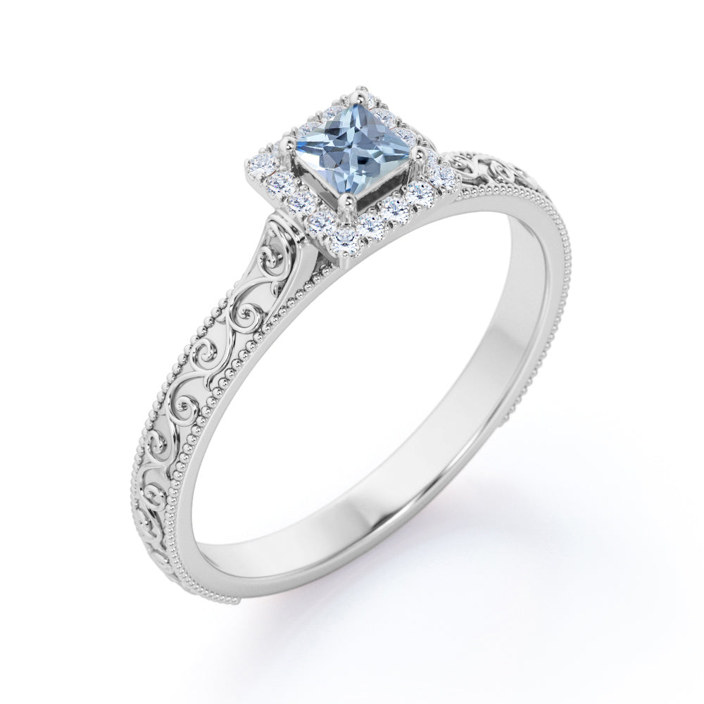 Vintage Filigree 1.10 Carat Princess Cut Aquamarine And Diamond Halo Engagement Ring In White Gold