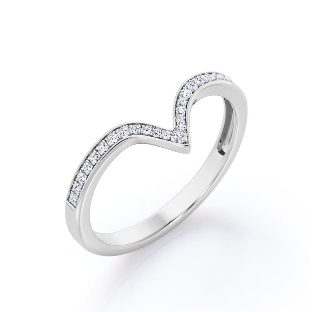 Pave Channel - 0.15 TCW Round Cut Diamond - V Shape Wedding Band in White Gold