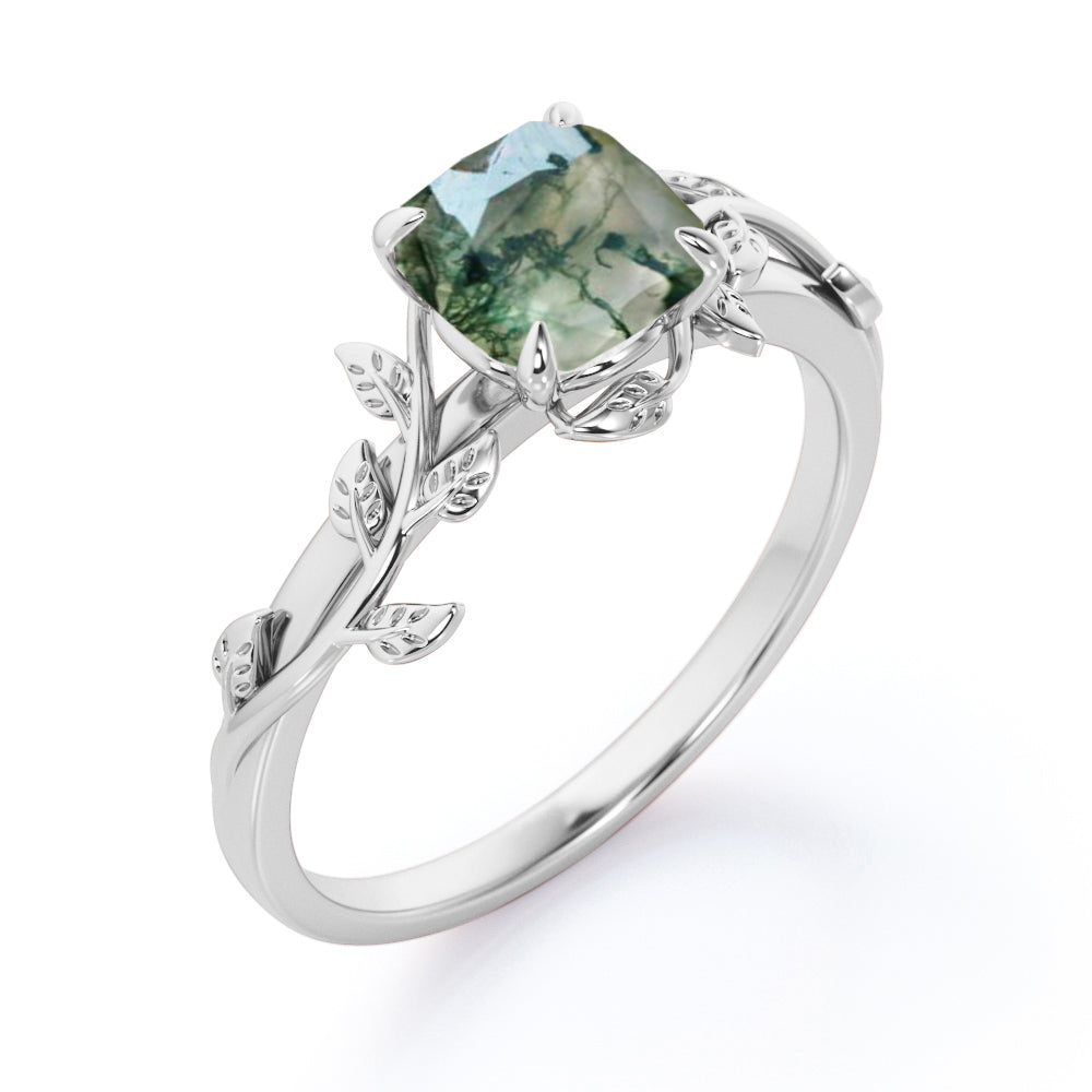 1 Carat Cushion Cut Natural Transparent Moss Green Agate - 4 Prong Setting - Nature Inspired Engagement Ring - 18K Black Gold Plating over Silver