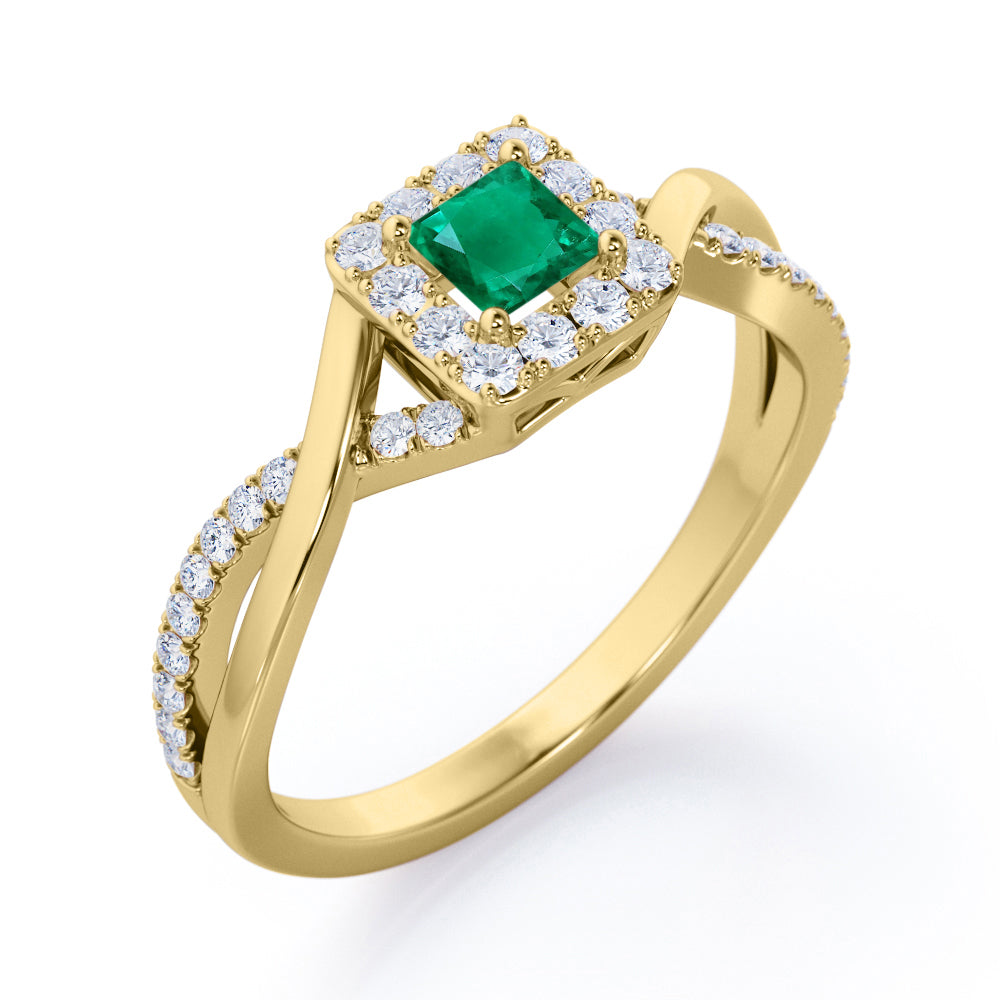 1.25 Carat Princess Cut Emerald and diamond - Half Crossover Pave - Halo Engagement Ring in White Gold