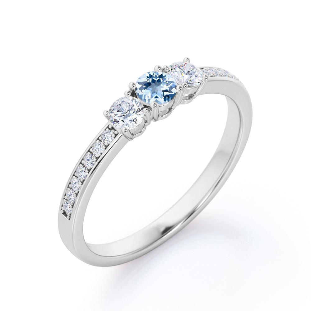 1.10 Carat Round Cut Aquamarine And Diamond Pave Engagement Ring in White Gold