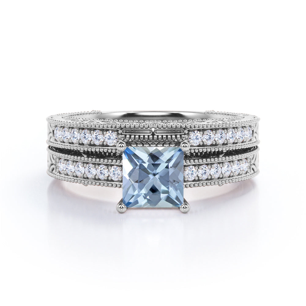 1.4 Carat Princess Cut Aquamarine And Diamond Vintage Wedding Ring Set In White Gold