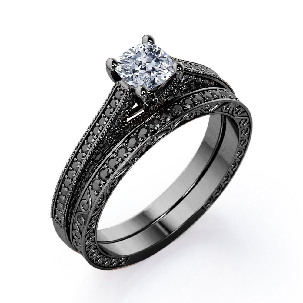 3 Sided Pave 0.75 TCW Princess Cut Diamond with Lab Created Black Diamond Milgrain Decorated Wedding Ring Set in 10K White Gold