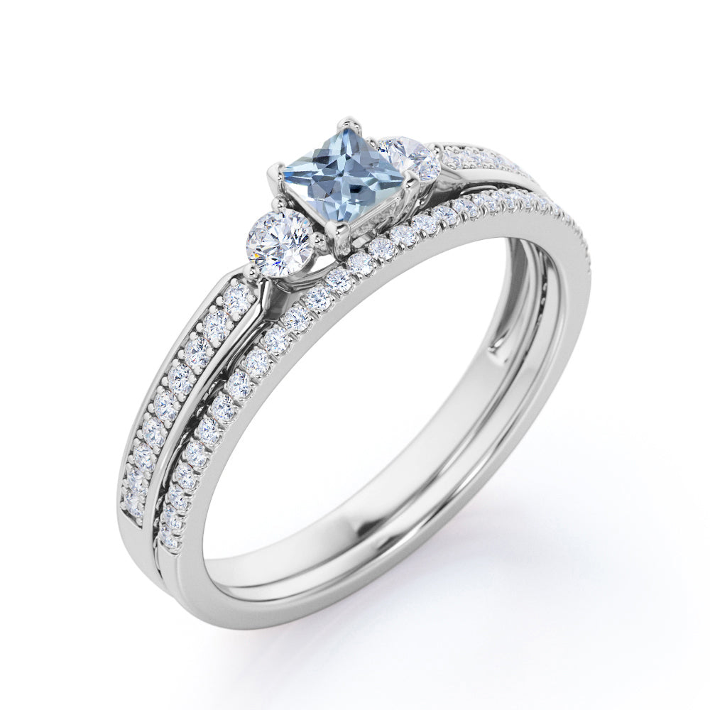 1.15 Carat Princess Cut Aquamarine And Diamond Channel Wedding Ring Set In White Gold