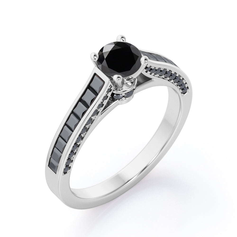 1.4 TCW Round Shape Lab Created Black Diamond - Pave and Channel - Cathedral Engagement Ring in White Gold