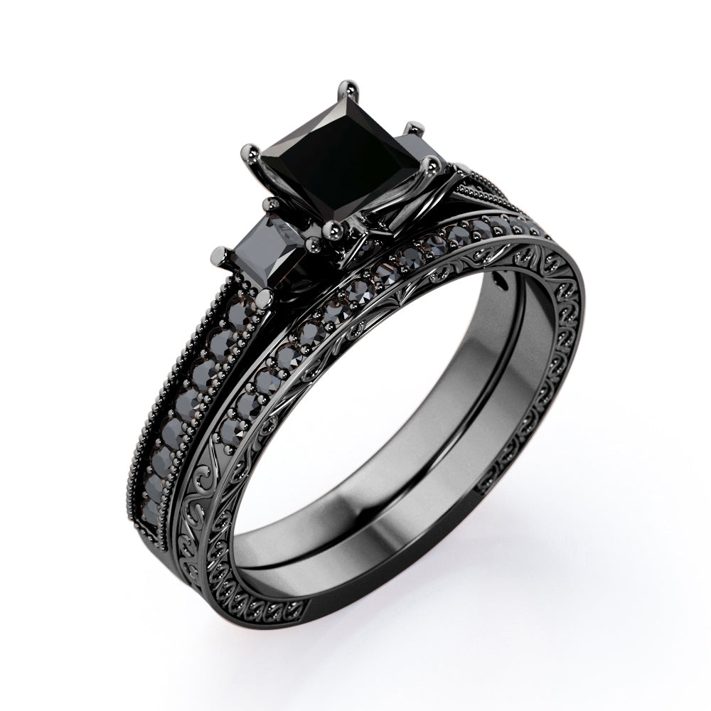 Art Deco 3-Stone 1 TCW Princess Cut Lab Created Black Diamond Cathedral Pave-Channel Wedding Ring Set in White Gold