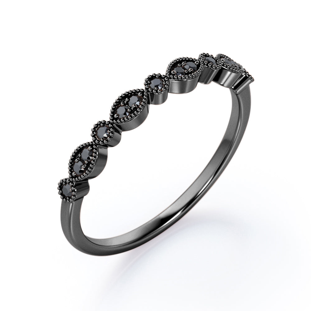 Art Deco - 0.15 TCW Round Shape Lab Created Black Diamond - Milgrain Filigree Wedding Band - 10K White Gold