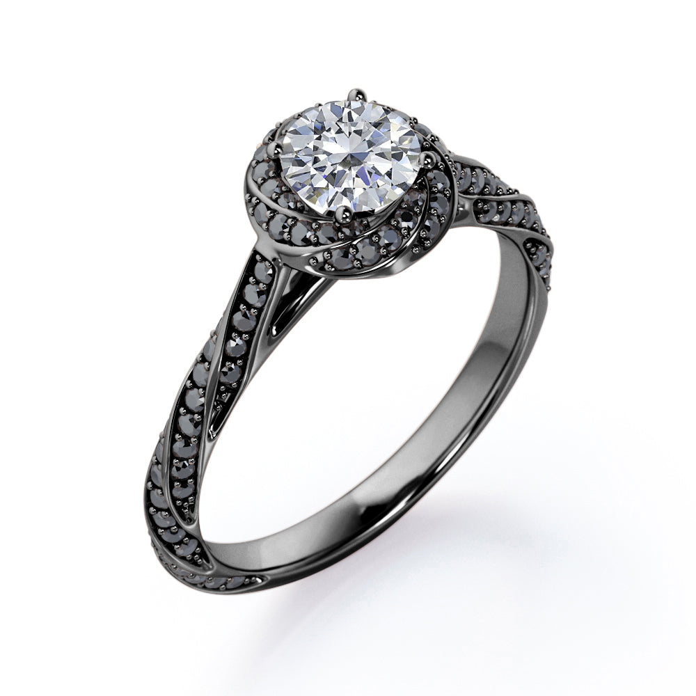 Twirl Halo - 0.6 TCW Round Shaped Diamond with Lab Created Black Diamond - Twisted Pave Engagement Ring - 10K White Gold