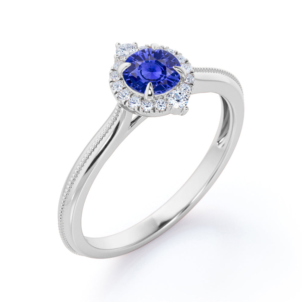 Petite Milgrain 0.70 carat Round Cut Lab-Created Sapphire and Diamond Halo Engagement ring in Rose Gold