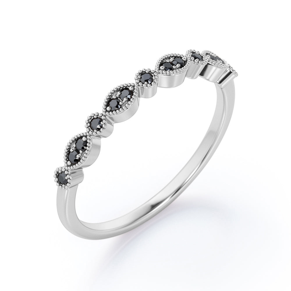 Art Deco - 0.15 TCW Round Shape Lab Created Black Diamond - Milgrain Filigree Wedding Band - 10K White Gold