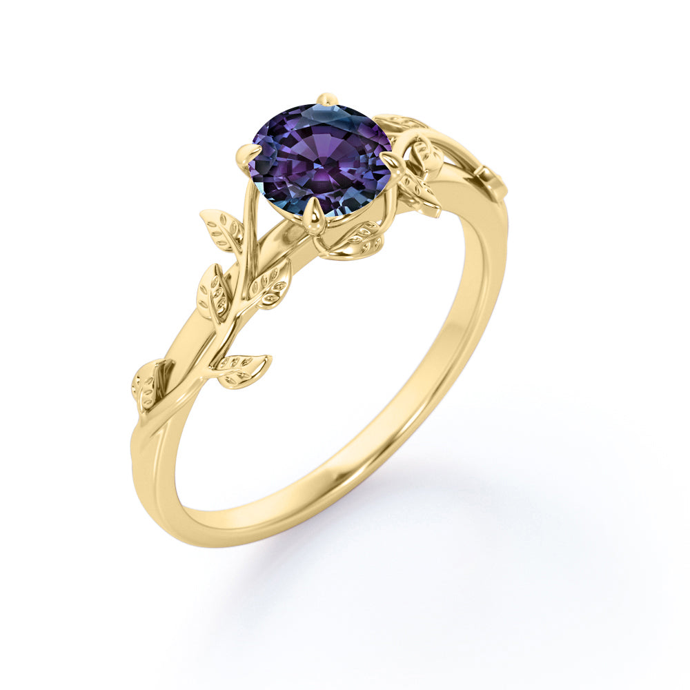 0.50 Carat - Round Cut Lab Created Alexandrite Ring - Leaf & Vine Engagement Ring - 18K Rose Gold Plating Over Silver