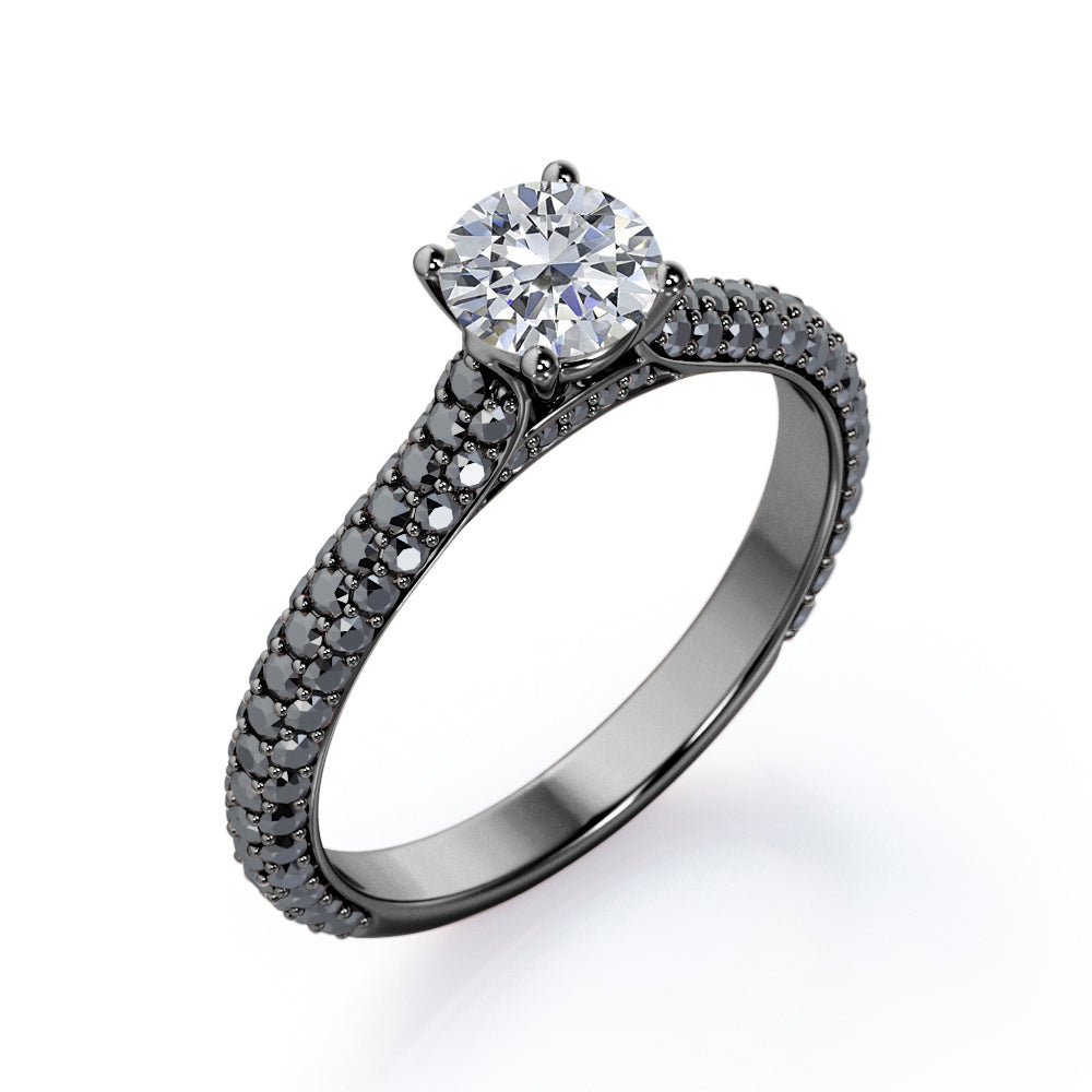 3-Row Micro Pave - 0.6 TCW Round Shaped Diamond with Lab Created Black Diamond - Cathedral Engagement Ring - 10K White Gold