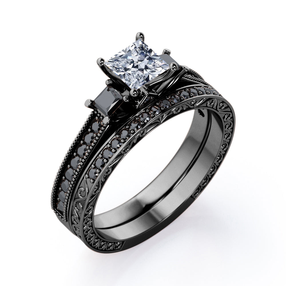 Art Deco 3-Stone 1.65 TCW Princess Cut Moissanite with Lab Created Black Diamond Cathedral Pave-Channel Wedding Ring Set in Rose Gold