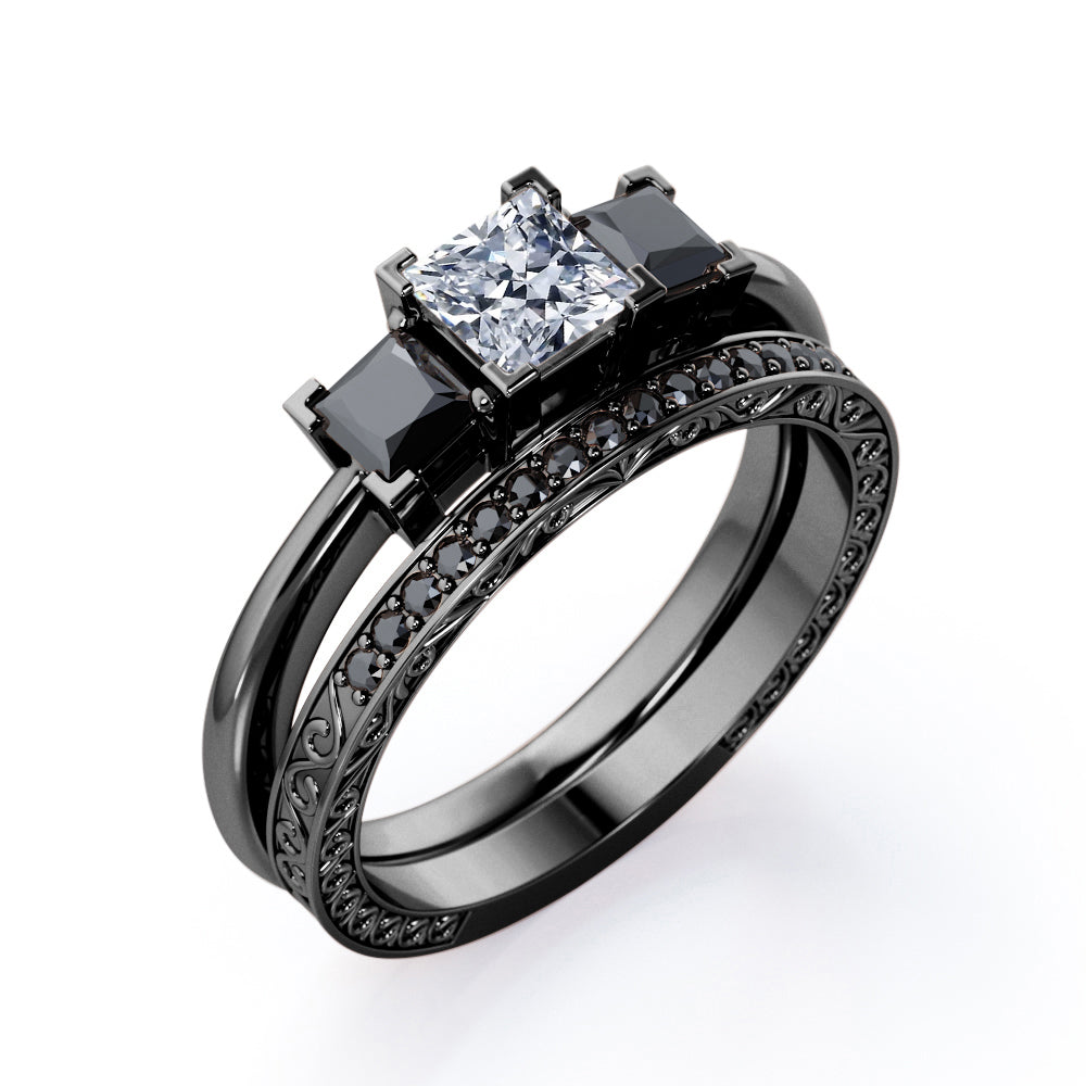 Triple Stone Square V-Prong 1.45 TCW Princess Cut Moissanite with Lab Created Black Diamond Filigree Wedding Set in Rose Gold