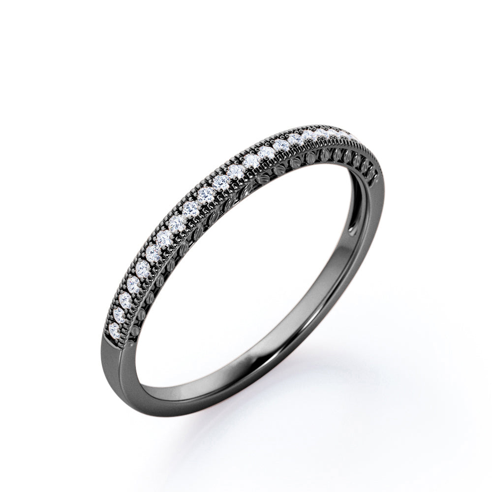 Leafy Filigree 0.15 TCW Round Cut Diamond Milgrain Pave-Channel Wedding Band in White Gold