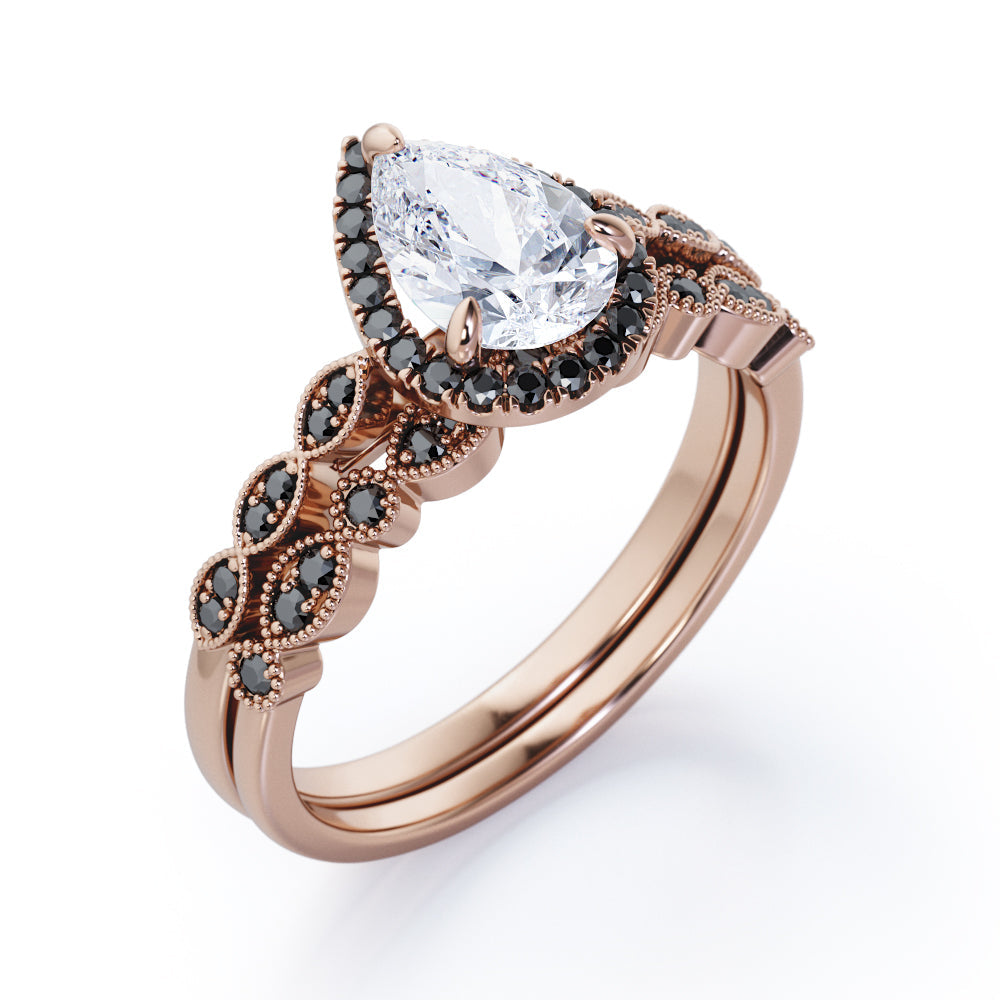 Vintage Style - 1.65 TCW Teardrop Moissanite with Lab Created Black Diamond - Milgrain Halo Bridal Set in Rose Gold