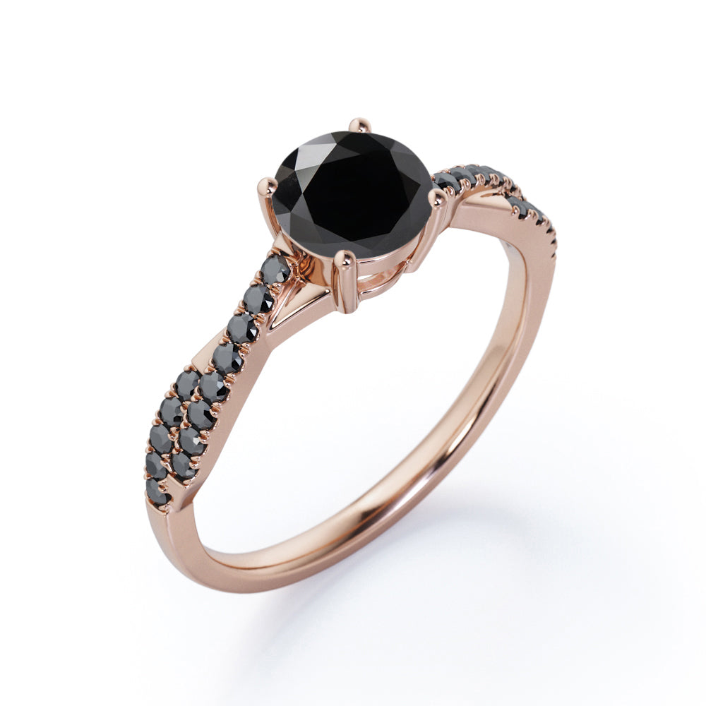 Basket Cathedral - 1.45 TCW Round Shape Lab Created Black Diamond - Crossover Pave Engagement Ring in White Gold