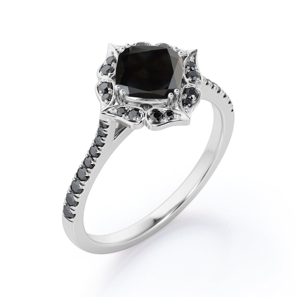 Vintage Filigree Cluster 1.5 TCW Cushion Cut Lab Created Black Diamond Engagement Ring with Pave Accents in White Gold