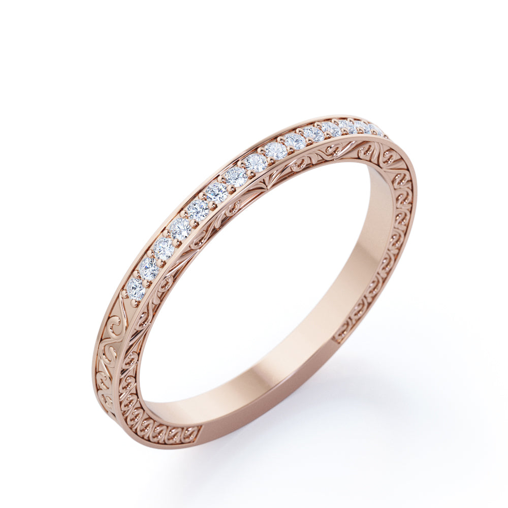 Art Deco Edwardian Design - 0.25 Carat Round Shape Moissanite - Wedding Band - 18K Rose Gold Plating over Silver