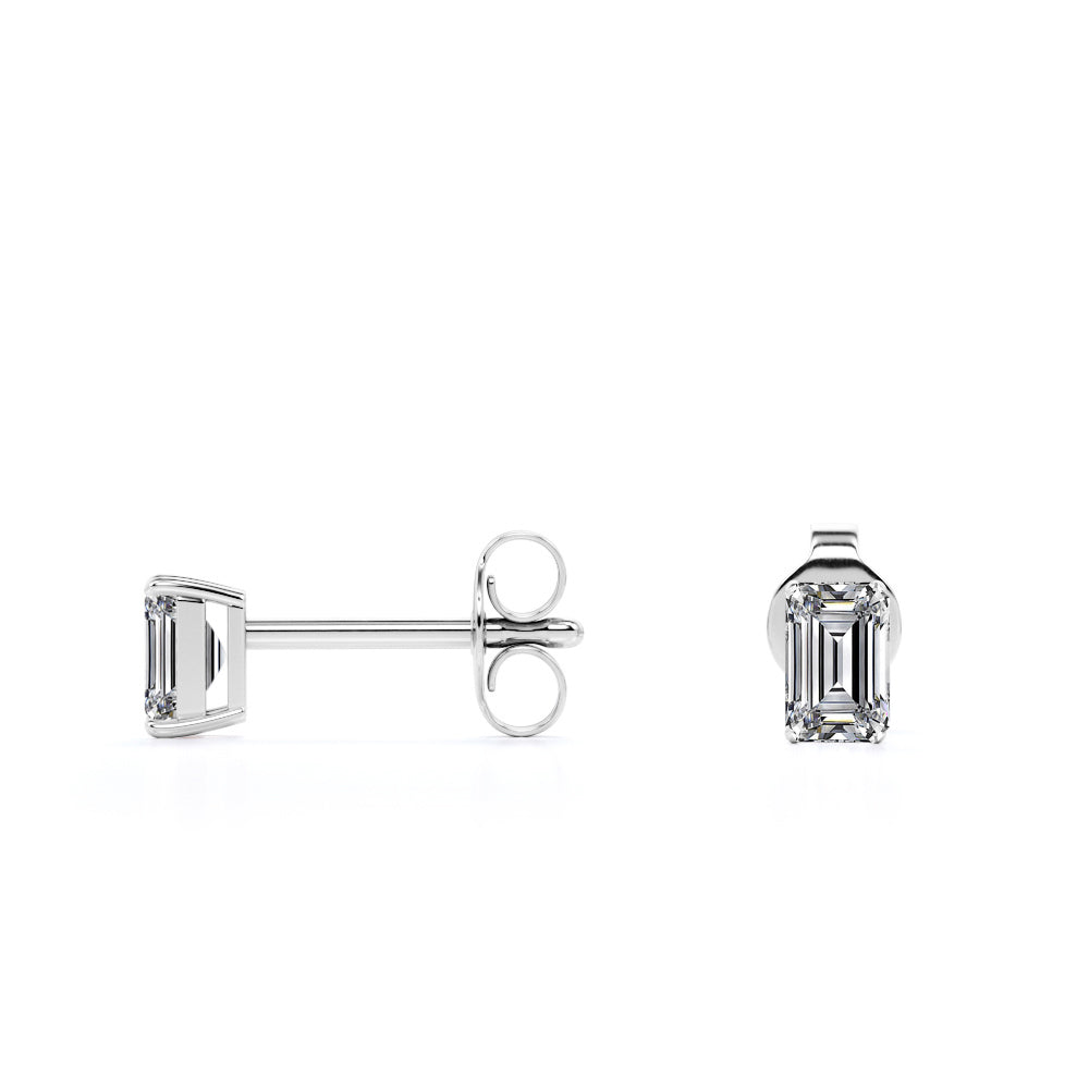 0.25 Carat Emerald Cut Diamond - Minimalist Solitaire Stud Earrings - 18K White Gold Plating Over Silver