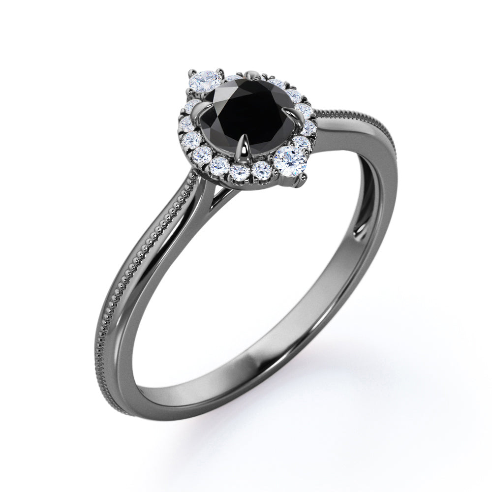 1 carat round cut Black Diamond halo engagement ring in white gold