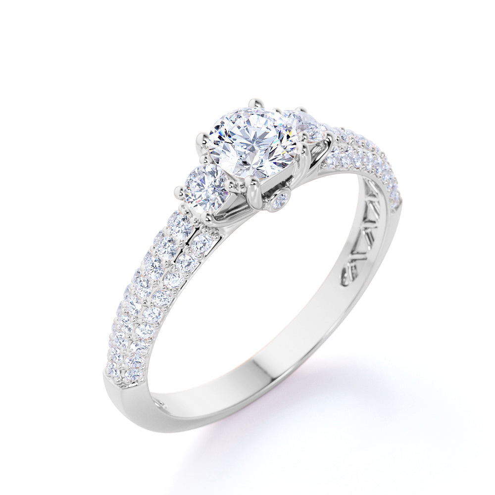 Stunning 1 Carat - Round Real 3 Stone Diamond Ring - Vintage Style - Micro Pave - Engagement Ring - 10K White Gold