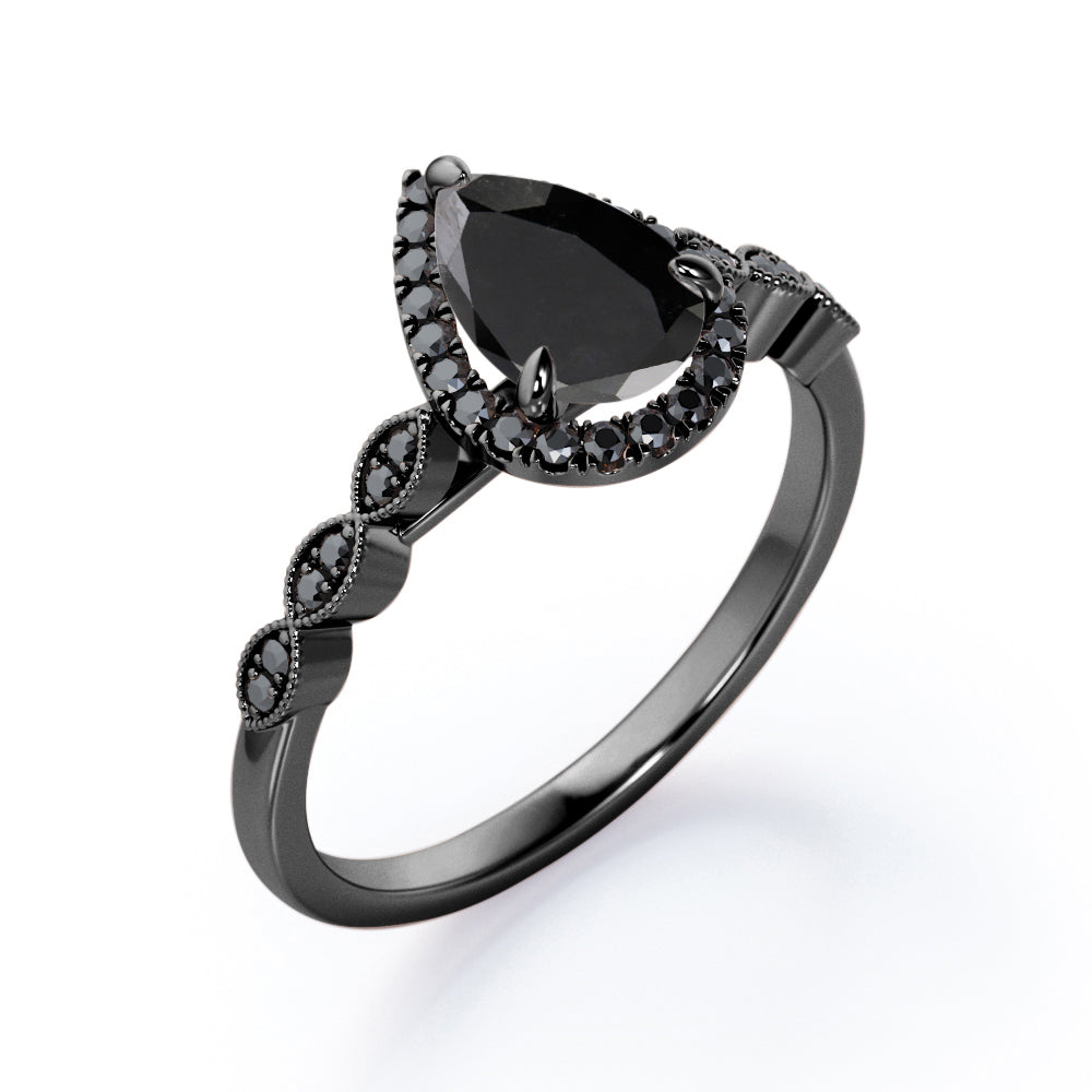 Art-Deco Filigree Milgrain 1.4 TCW Pear Cut Lab Created Black Diamond Halo Design Engagement Ring in White Gold