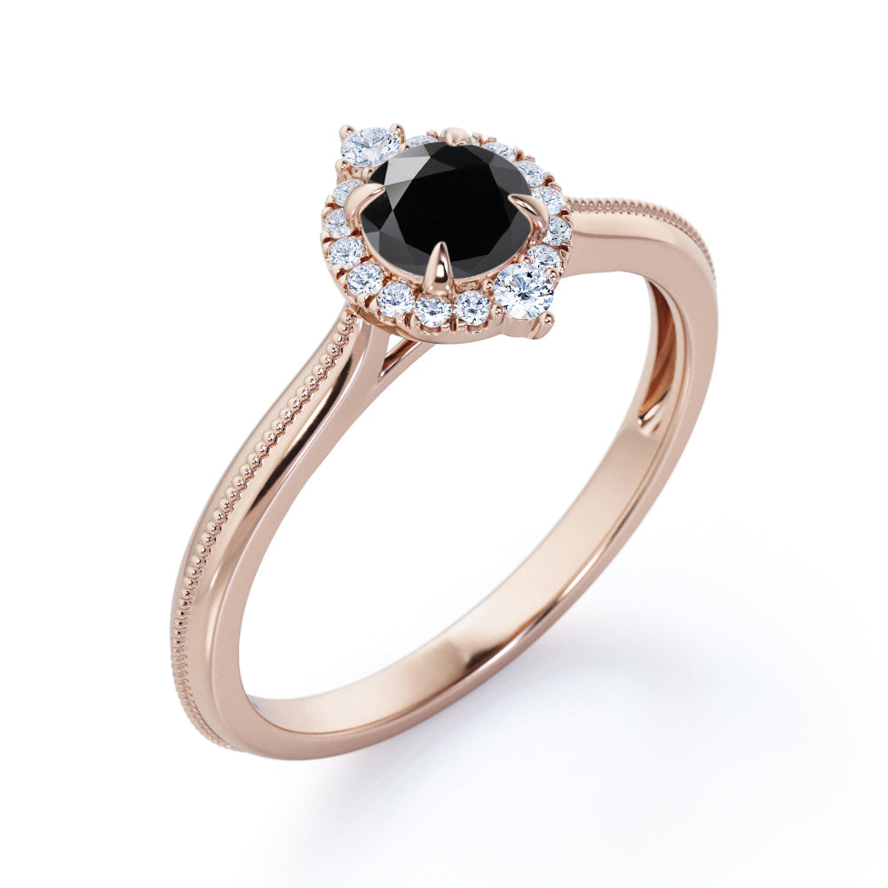 1 carat round cut Black Diamond halo engagement ring in white gold