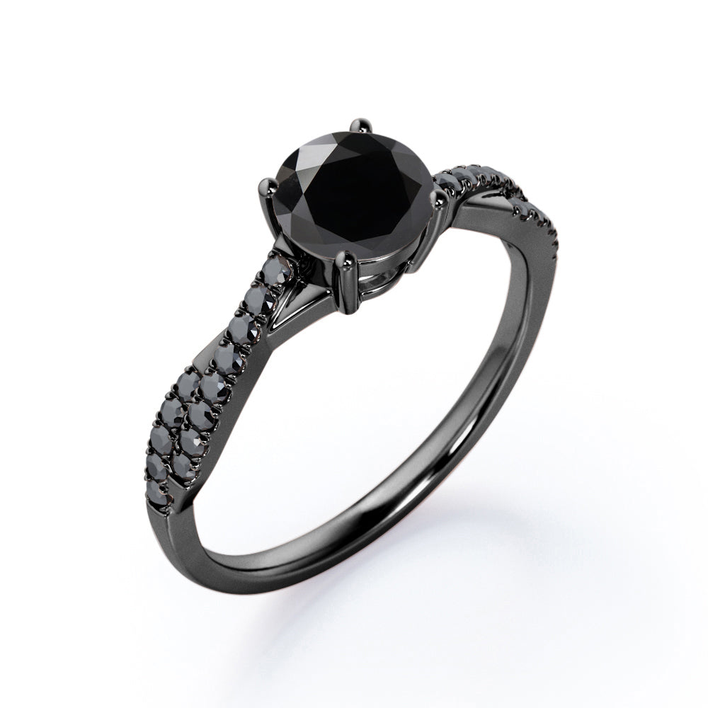 Basket Cathedral - 1.45 TCW Round Shape Lab Created Black Diamond - Crossover Pave Engagement Ring in White Gold