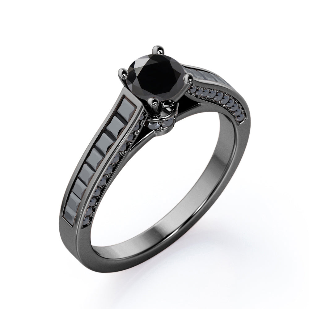 1.4 TCW Round Shape Lab Created Black Diamond - Pave and Channel - Cathedral Engagement Ring in White Gold