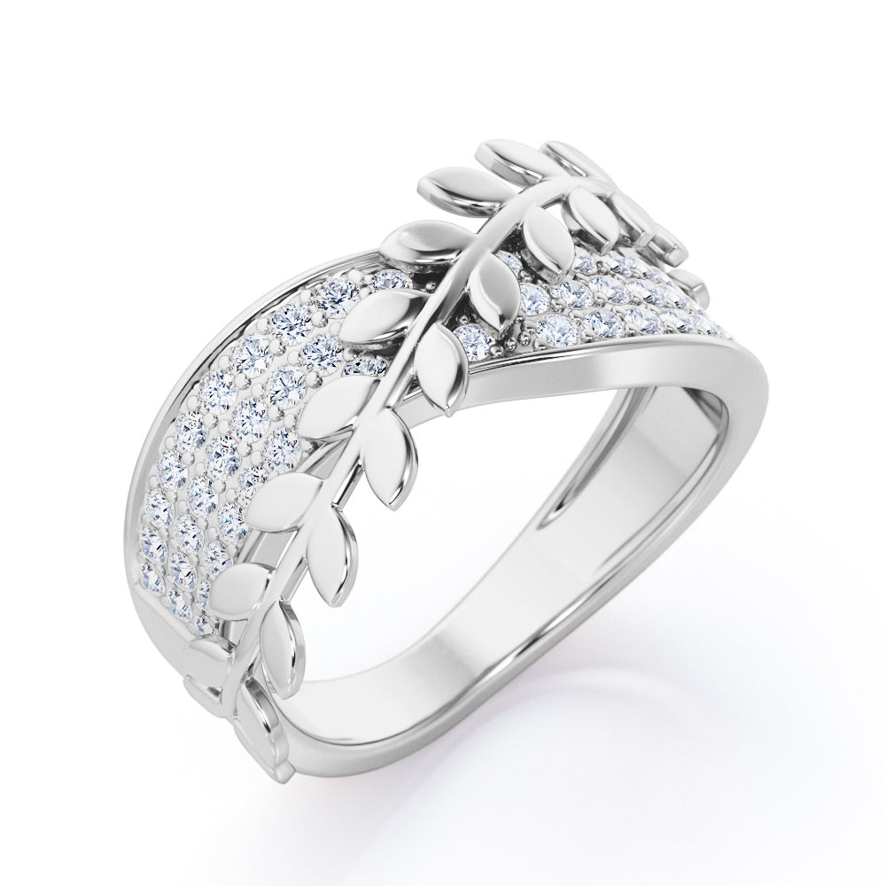 Triple-lined Bright Cut Pave - 0.30 TCW Round Brilliant Cut Diamond - Nature Inspired Stackable Ring - 10K White Gold