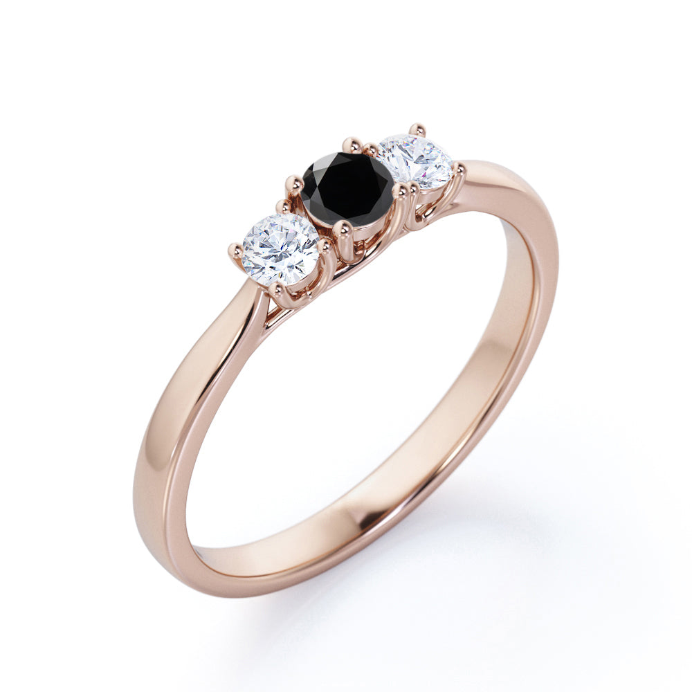 1.15 Carat Round Cut Lab Grown Black Diamond Three Stone Engagement Ring In White Gold