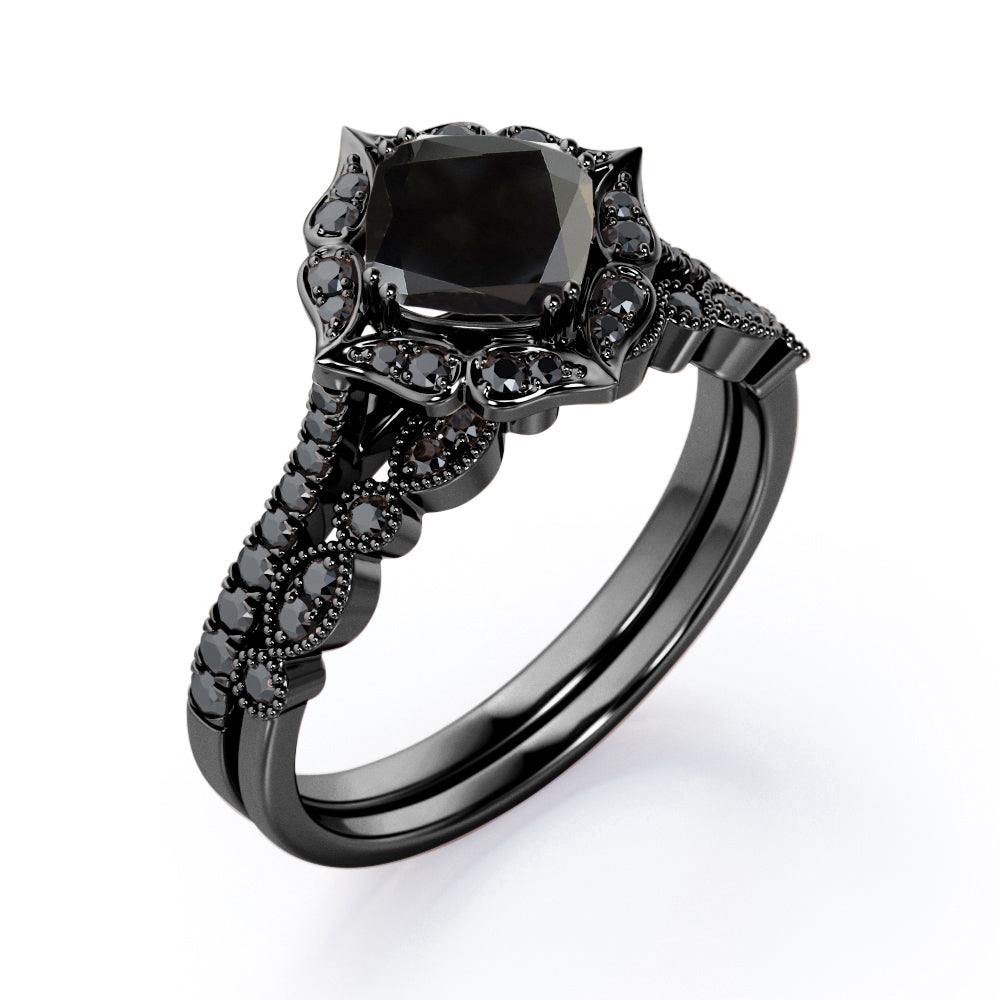 Vintage Filigree Halo - 1.65 TCW Cushion Cut Lab Created Black Diamond - Pave Accented Bridal Ring Set in White Gold