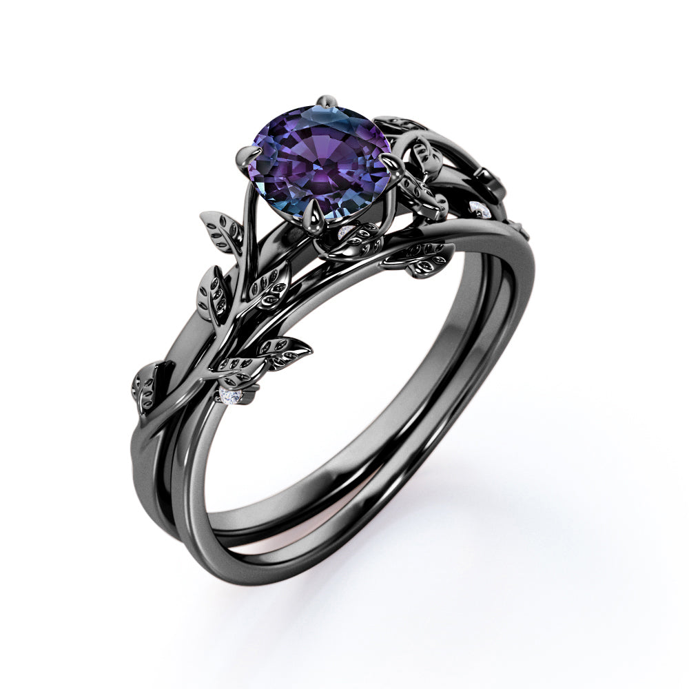 0.50 Carat - Round Cut Lab Created Alexandrite Ring Set - Leaf & Vine Wedding Ring Set - 18K Black Gold Plating Over Silver