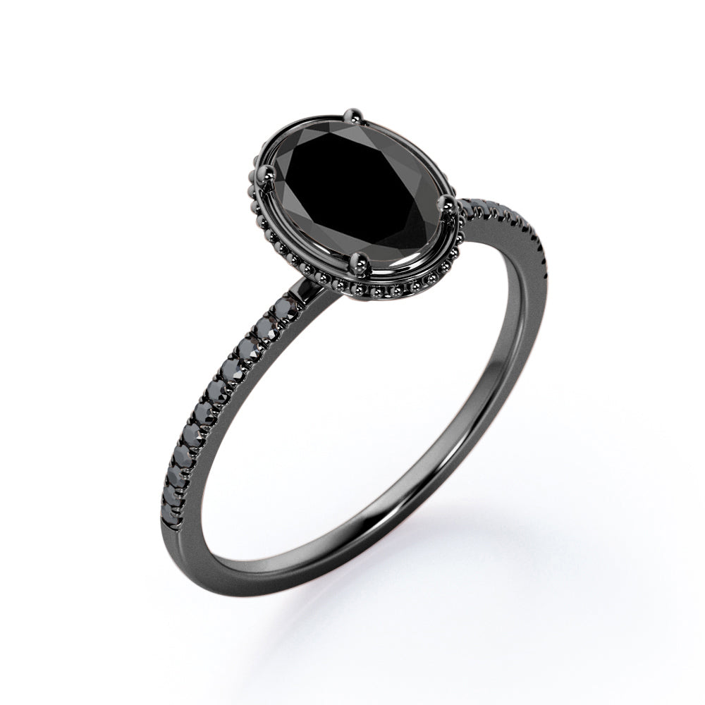 Milgrain Bezel Prong 1.5 TCW Oval Cut Lab Created Black Diamond Pave Style Engagement Ring in White Gold