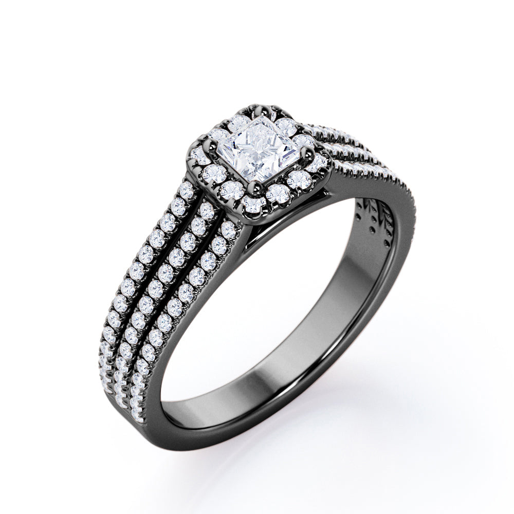 Triple Split-Shanked Pave - 0.55 TCW Princess Cut Diamond - Halo Engagement Ring - 10K White Gold