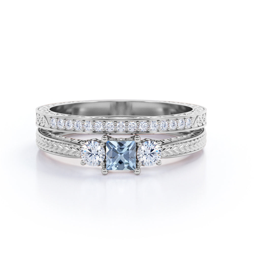 1.15 Carat Princess Cut Aquamarine And Diamond Three Stone Wedding Ring Set In White Gold