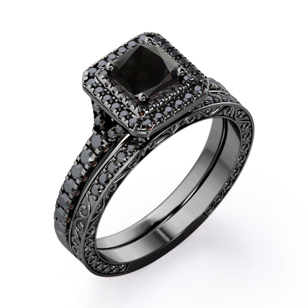 Art-Deco Pave Accented 1.7 TCW Princess Cut Lab Created Black Diamond Double Halo Bridal Ring Set in White Gold