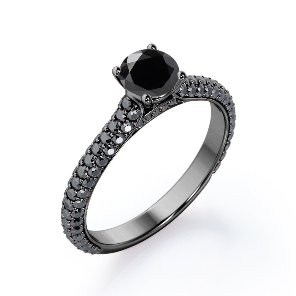 3-Row Micro Pave - 1.35 TCW Round Shaped Lab Created Black Diamond - Cathedral Engagement Ring in White Gold