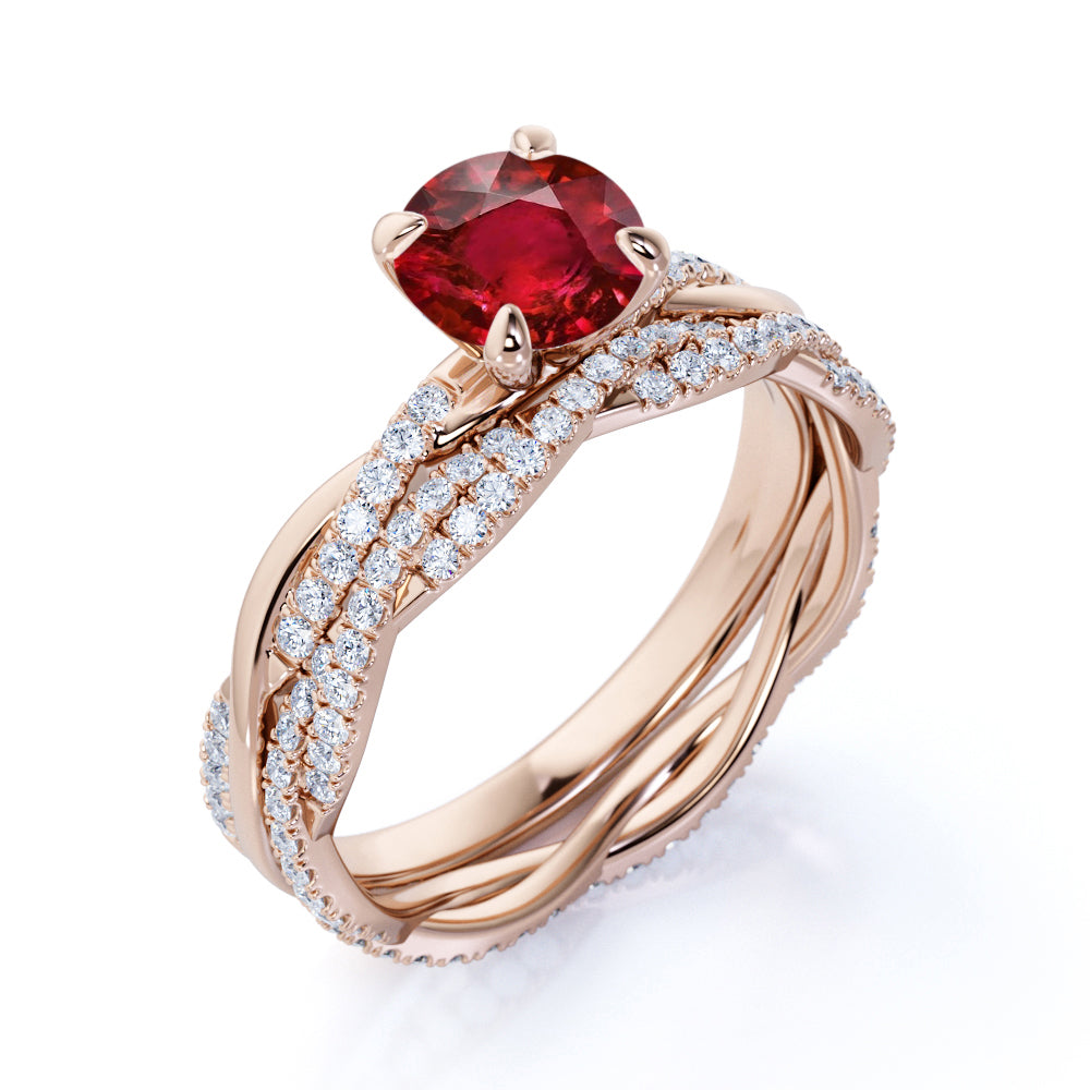 Antique Infinity 1.30 carat Round Cut Lab-Created Ruby and Diamond Twisted Bridal ring set in White Gold