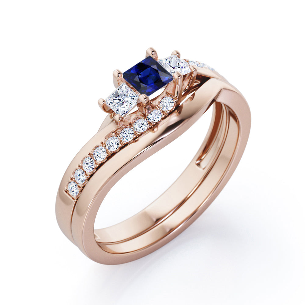 3 Stone Shared Prong - 1 TCW Princess Cut Blue Sapphire and Moissanite - Pave Curved Shank Wedding Set - Rose Gold