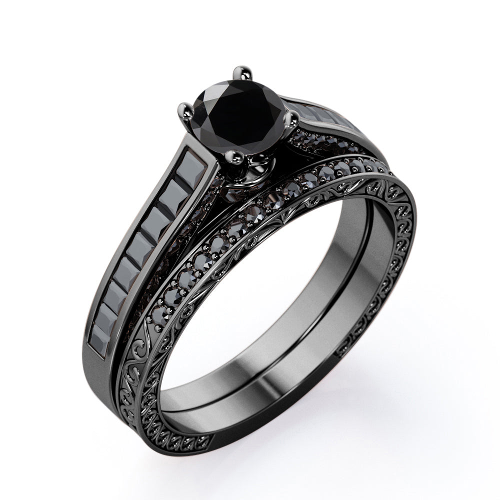 Art Deco Cathedral 1.55 TCW Round Shape Lab Created Black Diamond Pave and Channel Wedding Set in White Gold