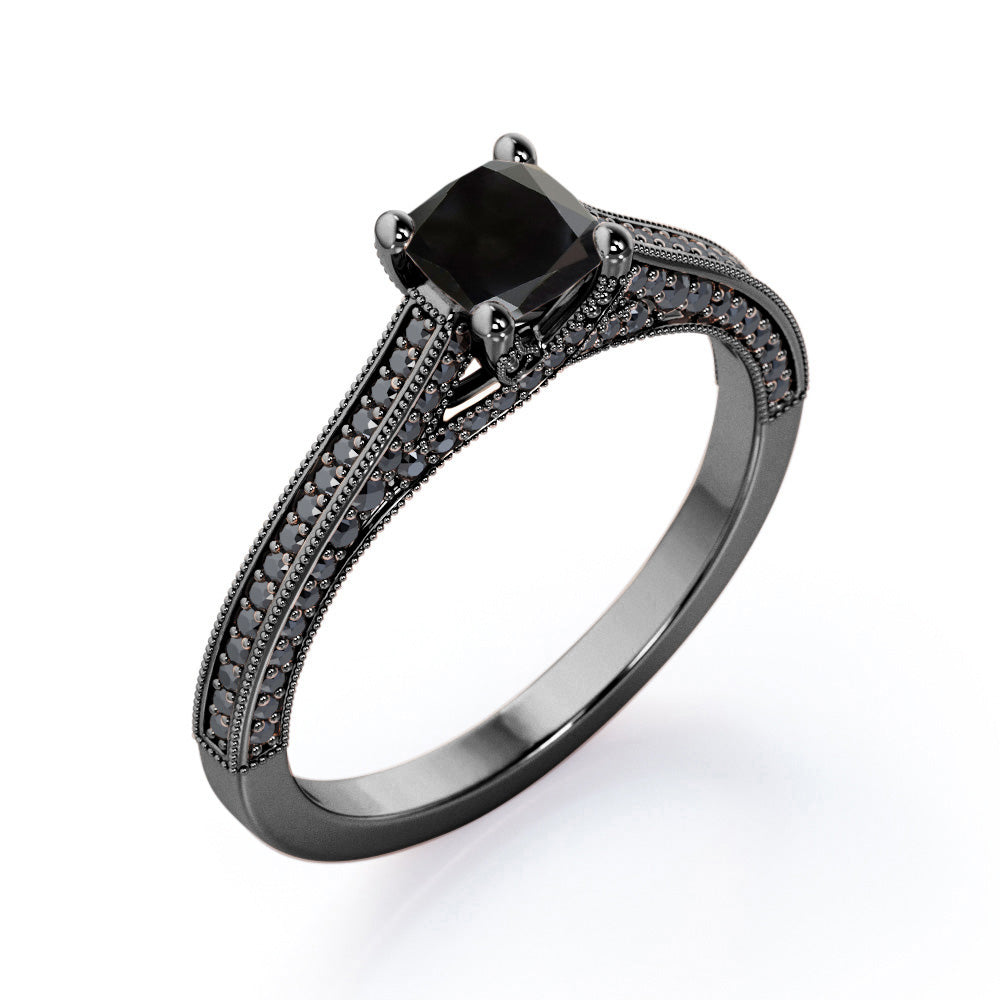 Three Sided Pave - 1.35 TCW Princess Cut Lab Created Black Diamond - Milgrain Decorated Engagement Ring in White Gold