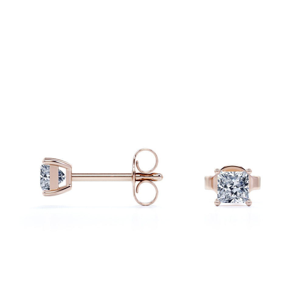 0.75 Carat Princess Cut Diamond 4 Prong Solitaire Stud Earrings In 18K Rose Gold Plating Over Silver